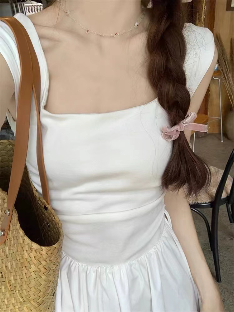 法式白色無袖背心連衣裙女夏季新款高級感氣質方領收腰顯瘦長裙子