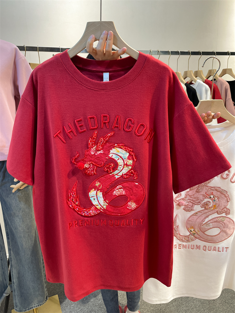 秋冬加厚短袖T恤女新款重工刺繡本命龍年國潮中長款半袖上衣