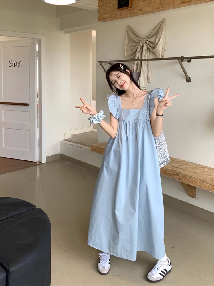 清新方領飛飛袖連衣裙女2024夏季設計感別致藍色長裙無袖簡約