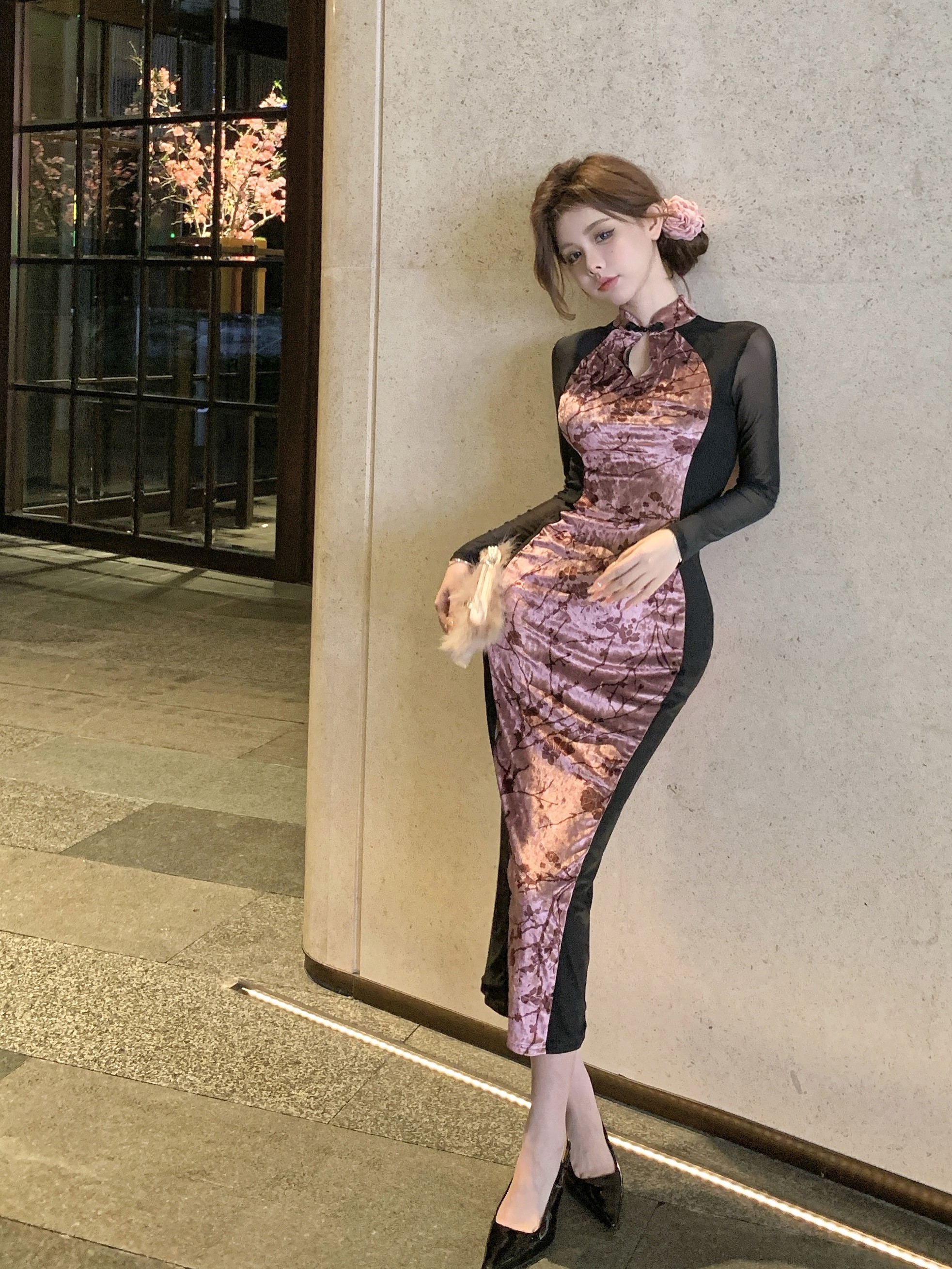Actual shot ~ Chinese style new Chinese style printed velvet cheongsam long-sleeved patchwork mid-length skirt sexy hot girl internet celebrity dress