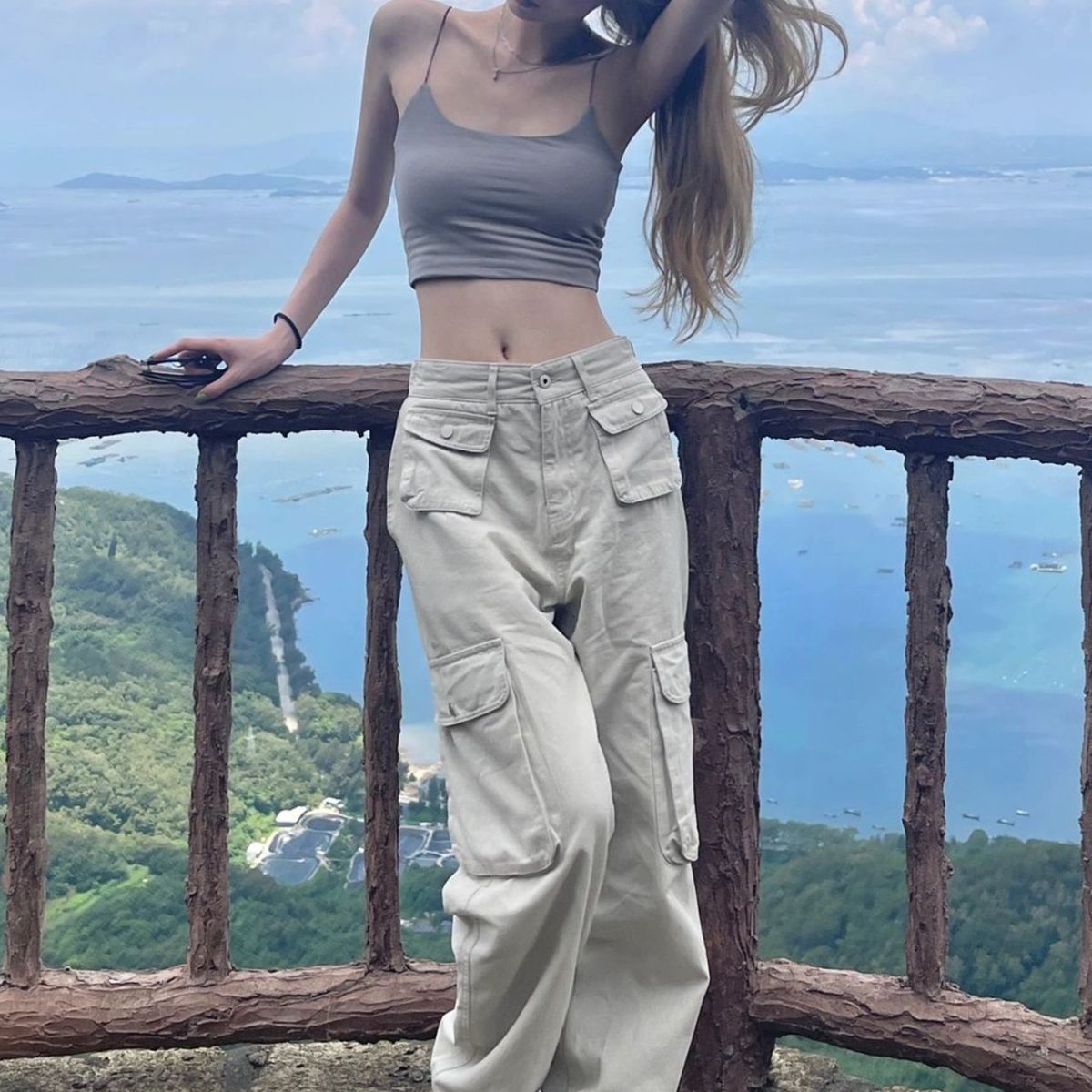 2024 Summer Korean Style White Sweet Cool Work Casual Pants Women's High Waist American High Street Hip Hop Small Person Wide Leg Pants