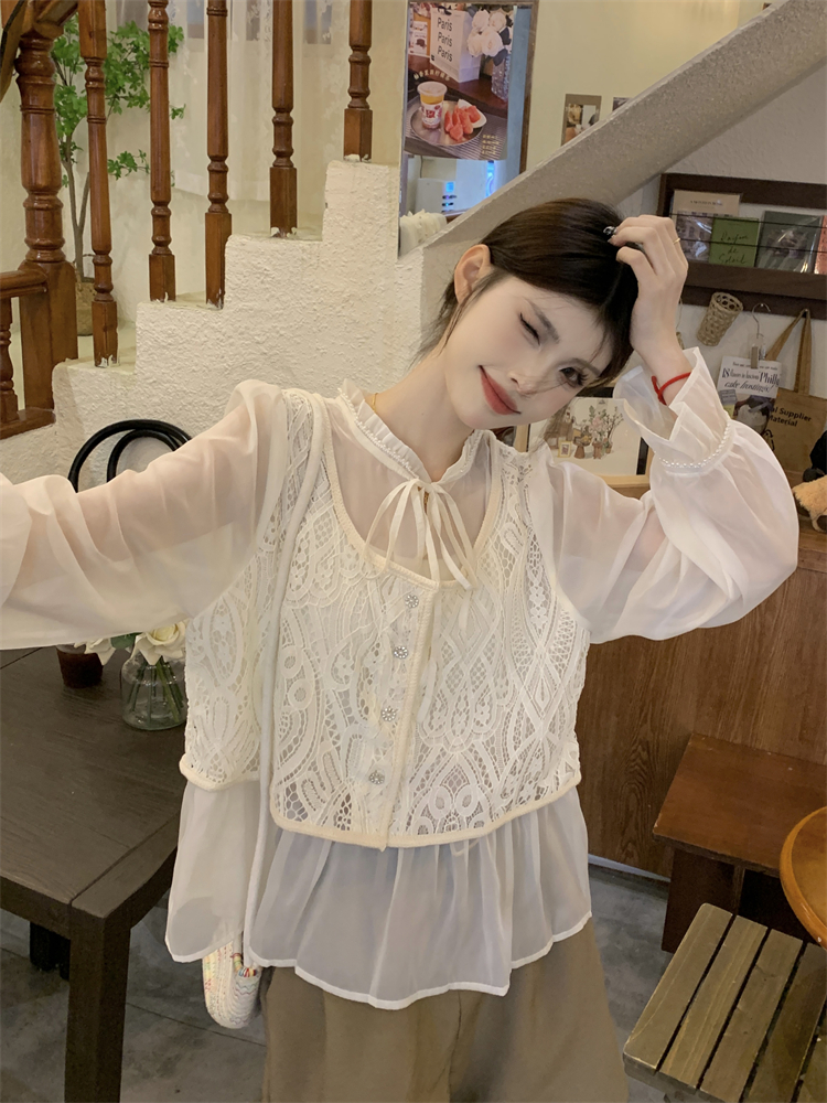 實拍 2024春季新款氣質寬鬆喇叭袖假兩件蕾絲馬甲雪紡襯衫女上衣