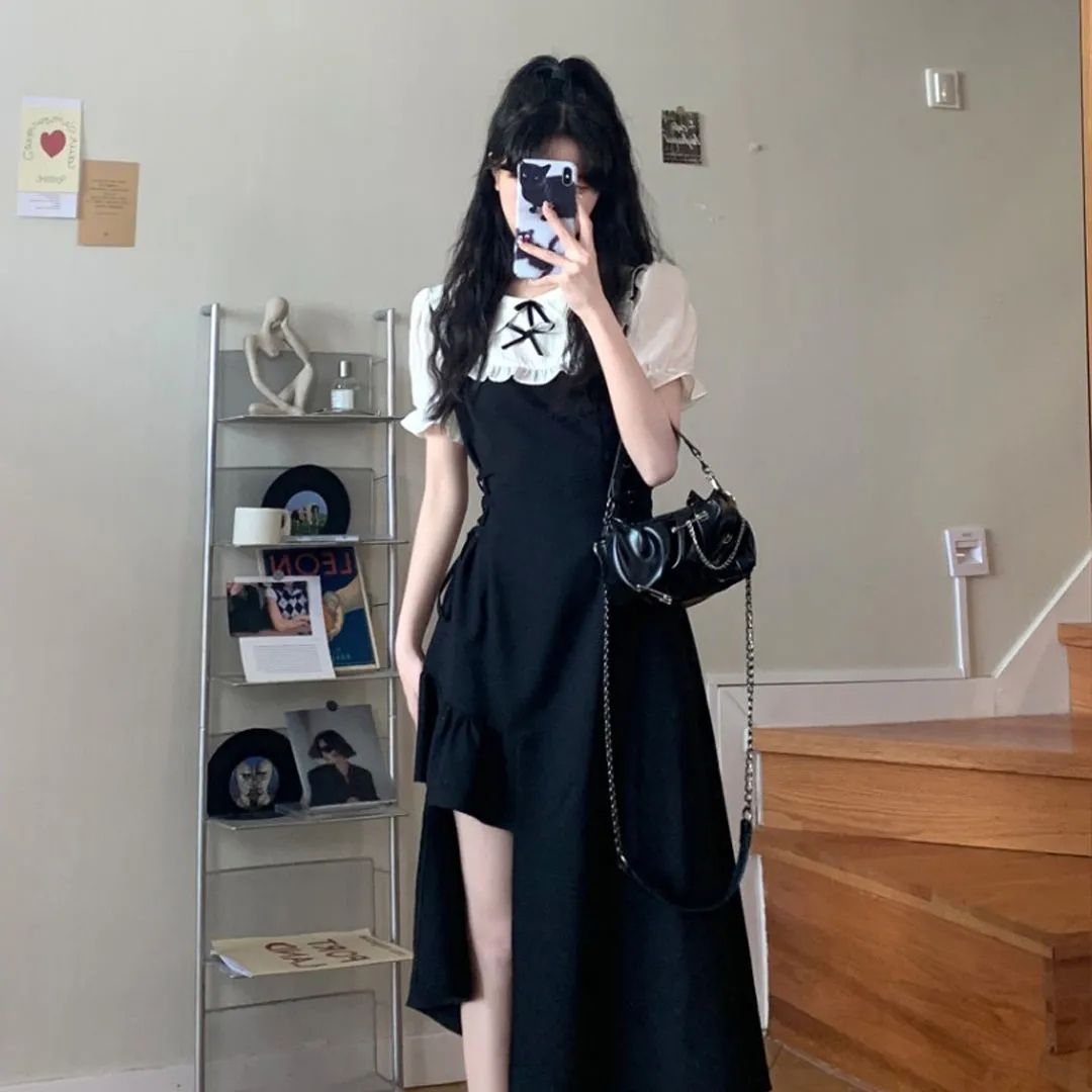 Fake two-piece drawstring waist, irregular slit dress, new pure erotic niche design high-end dress