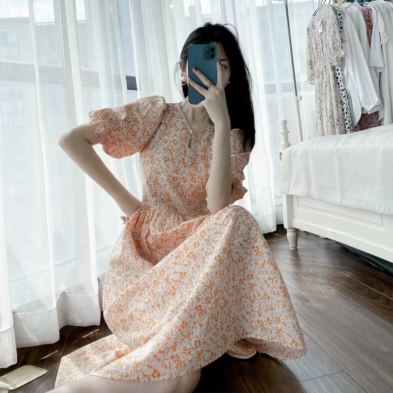 夏季新款釘珠領橘色碎花連衣裙淑女泡泡袖短袖裙子