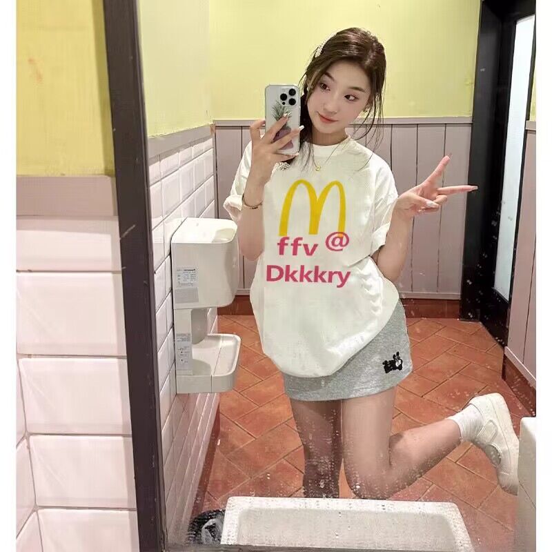 夏季女裝趣味麥門印花短袖t恤2024年新款寬鬆打底衫純棉重磅潮牌
