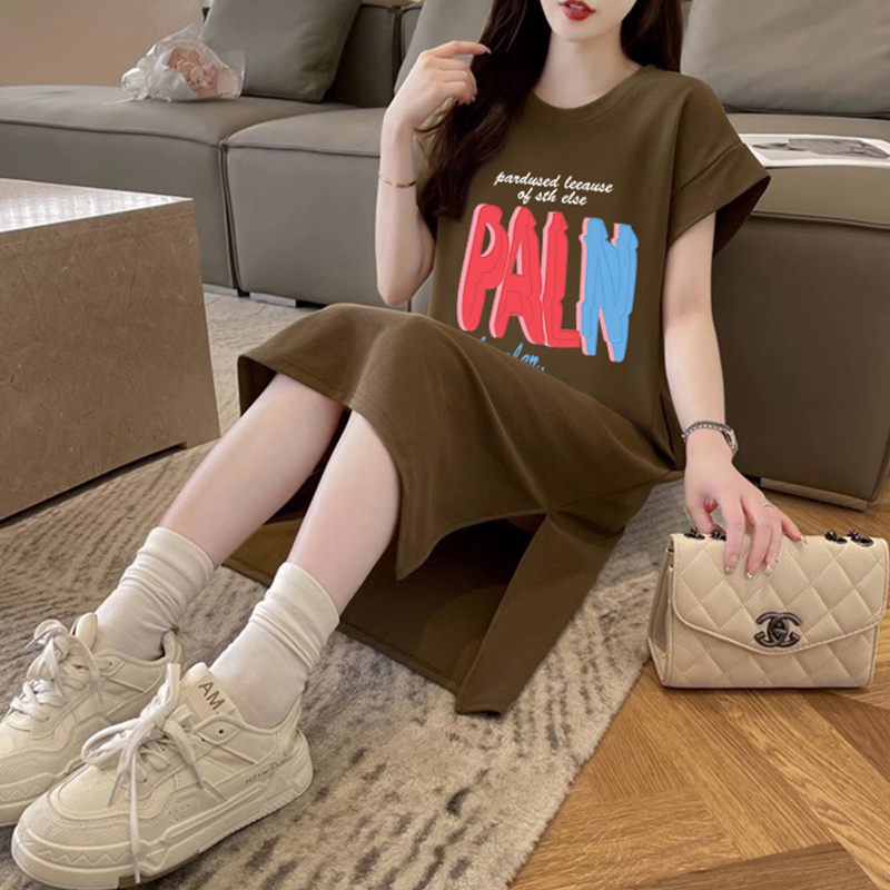 首發純棉質量長款過膝短袖T恤裙女夏季寬鬆大碼裙子