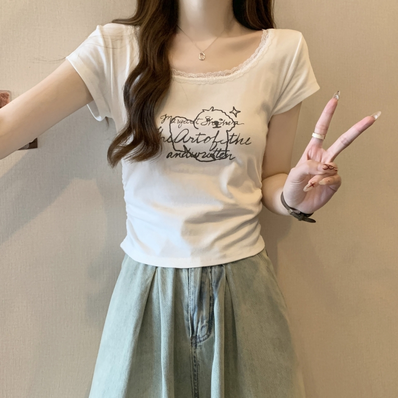 實拍  40支純棉 2024夏裝 蕾絲方領短袖T恤女印花上衣
