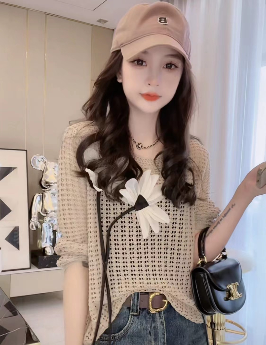Designed three-dimensional flower hollow sweater for women, thin Korean style air-conditioning shirt, round neck long-sleeved top with blouse