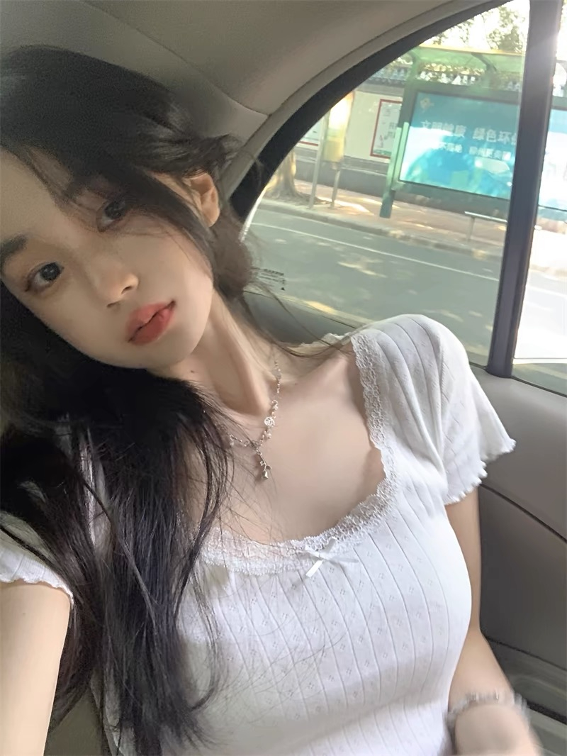 純欲甜美蕾絲修身顯瘦正肩短款內搭短袖T恤上衣ins