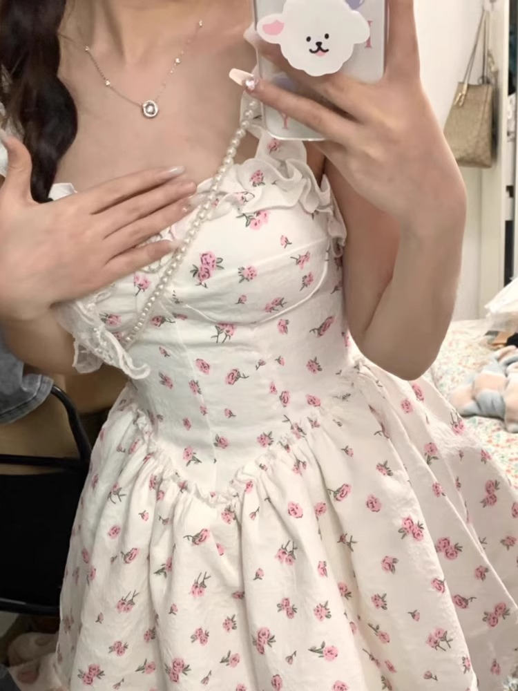 碎花吊帶連衣裙女裝夏季法式高級感氣質公主蓬蓬裙收腰小個子短裙