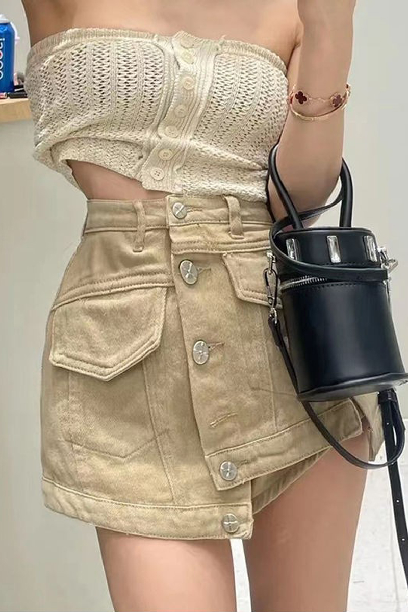 2024 Summer Temperament Versatile Breasted High Waisted Slim Design Khaki Fake Two Piece High Waisted A-Line Skirts for Women