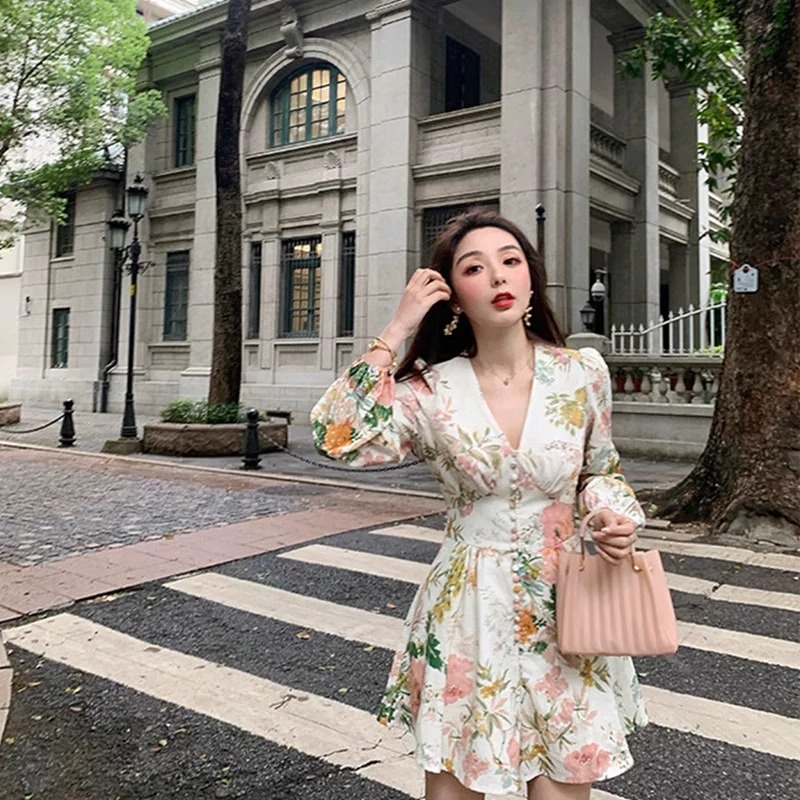 2024春季新款長袖碎花田園淑女風裙褲女復古性感御姐范洋氣連體褲