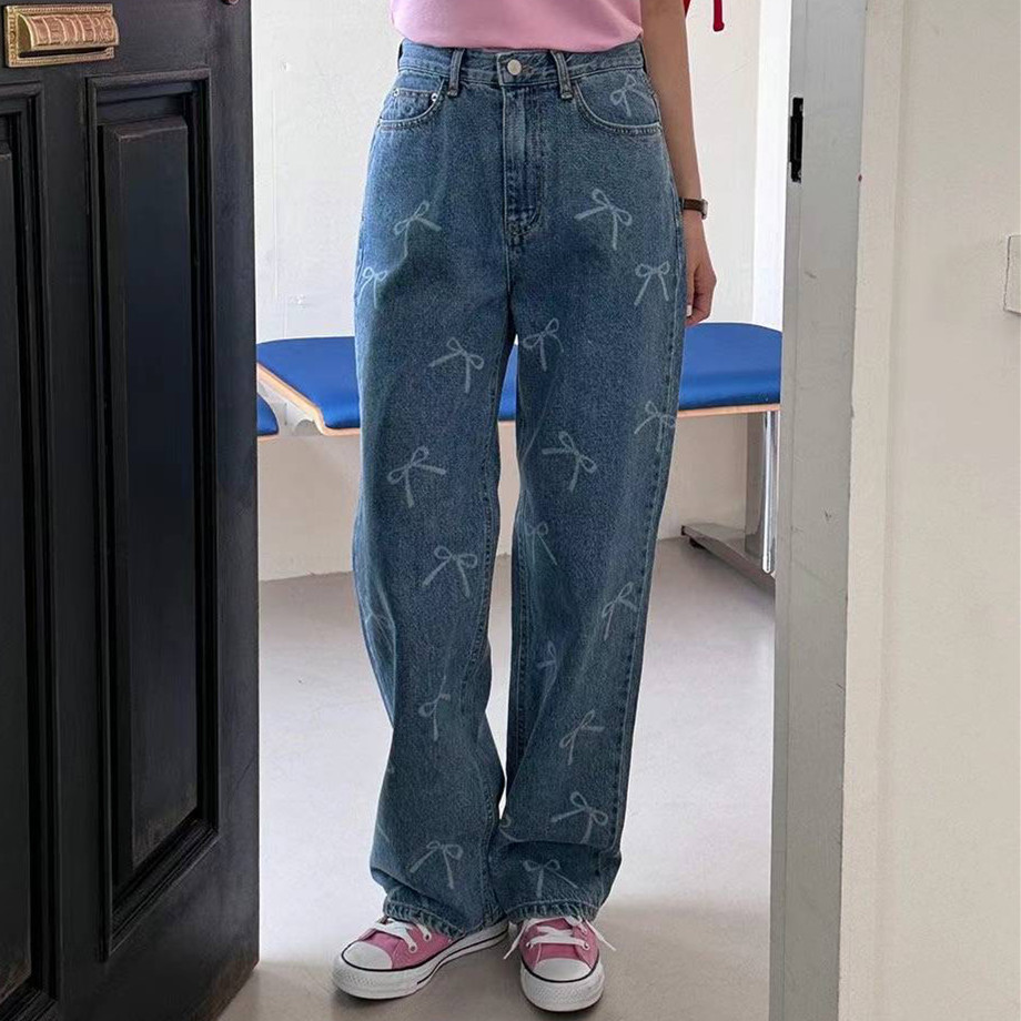 蝴蝶結印花休閒復古牛仔長褲