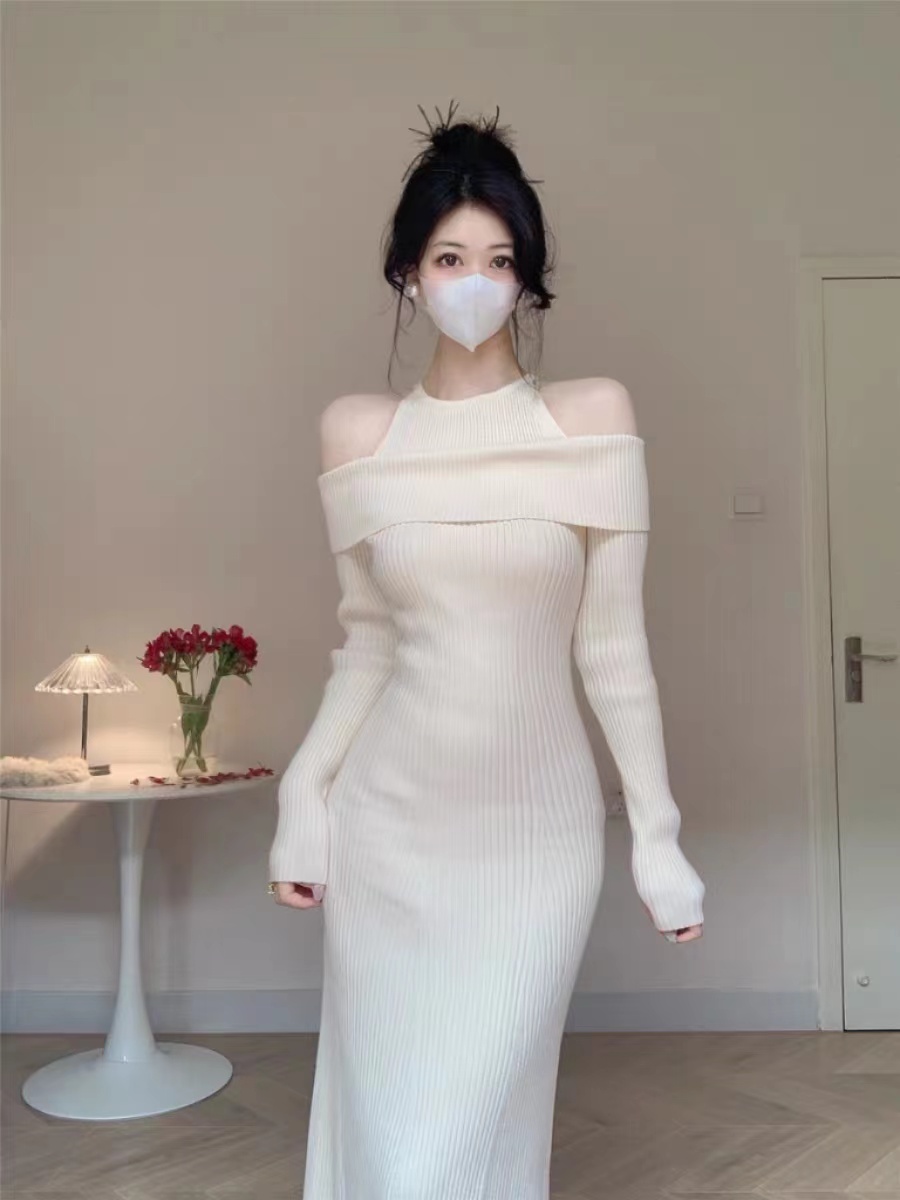 2024新款法式假兩件針織毛衣連衣裙子女秋冬季大衣內搭包臀裙長裙