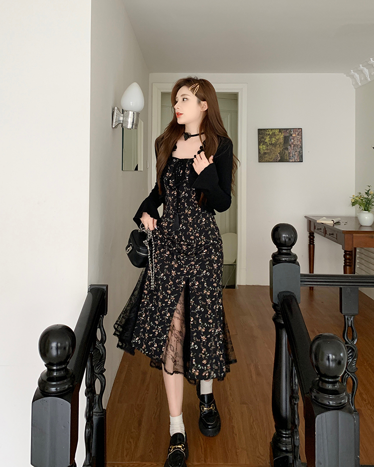 黑色顯瘦背心碎花蕾絲性感吊帶連衣裙女設計感開衫清冷感長裙套裝