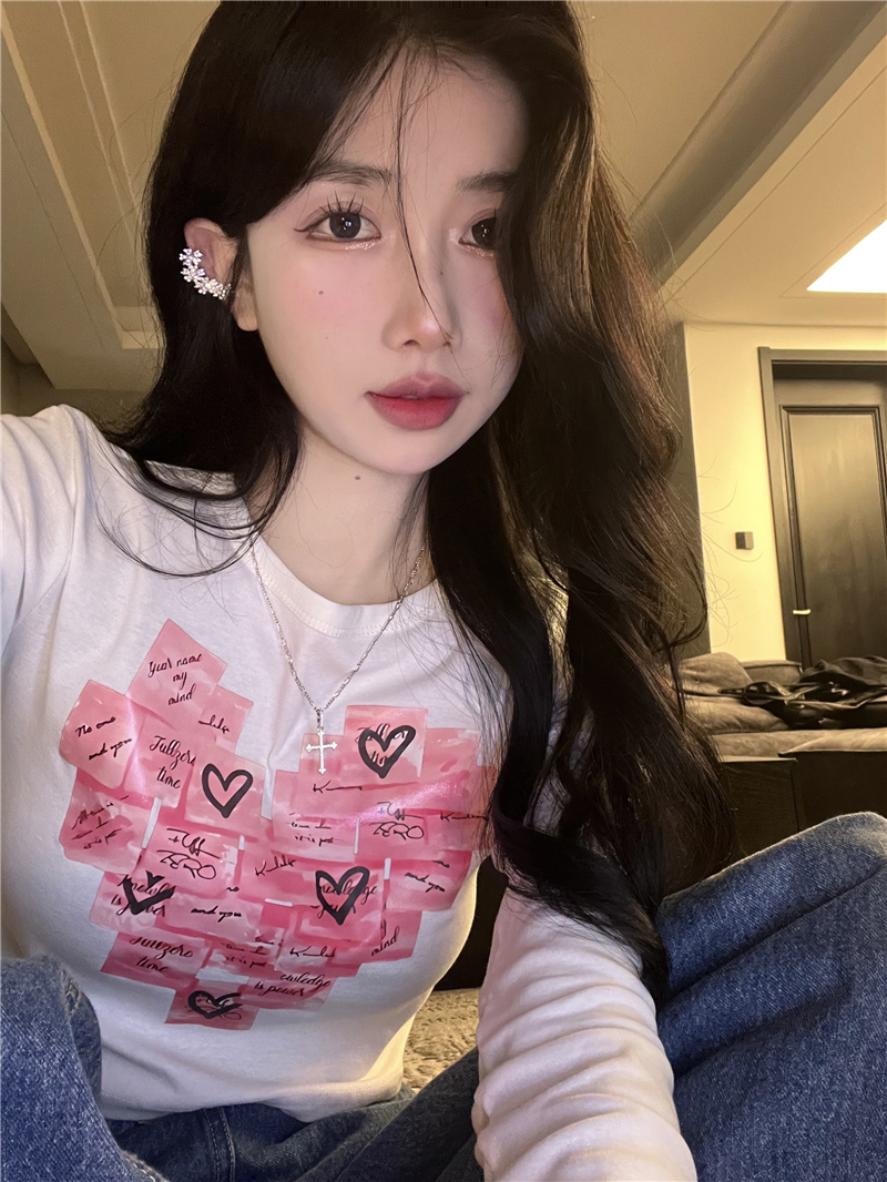韓系穿搭愛心T恤女2024春季新款復古 短款打底衫內搭長袖白色上衣