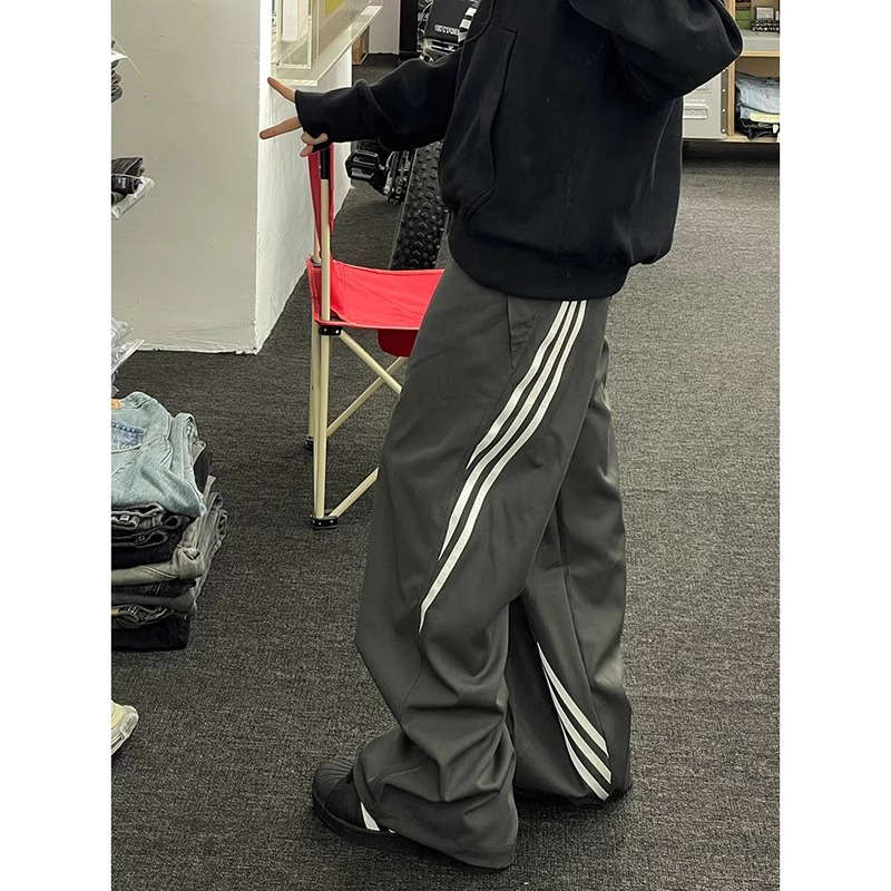 衝鋒衣面料美式條紋寬鬆拖地休閒長褲子女