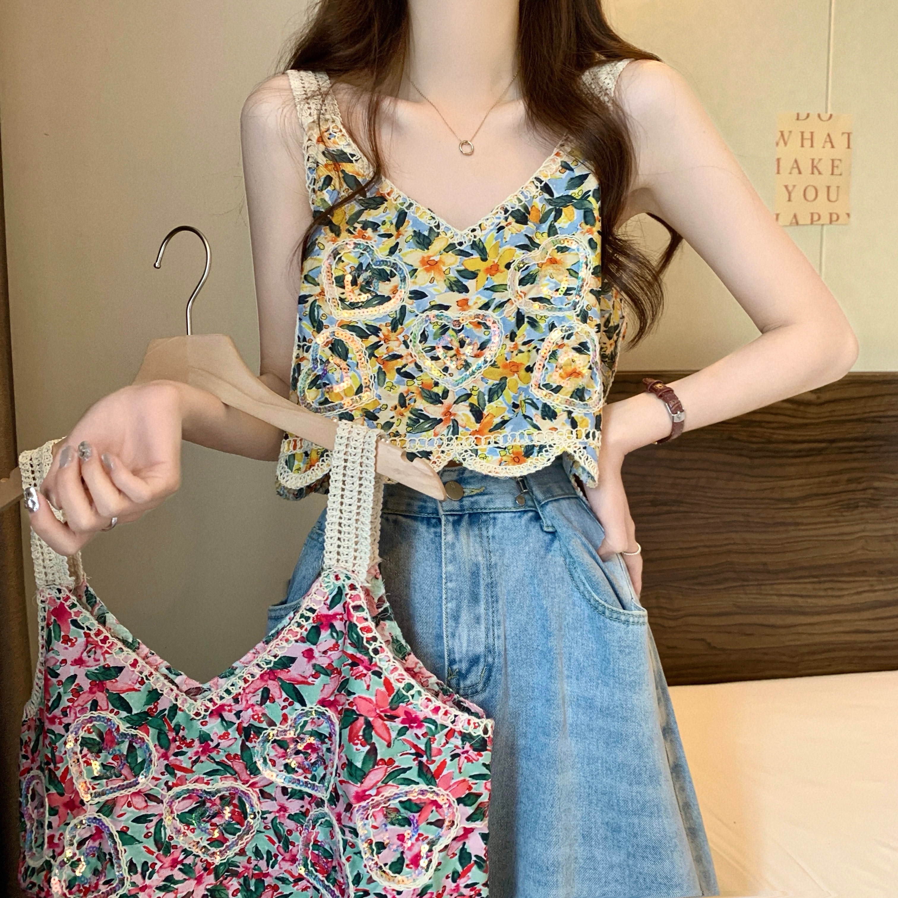 實拍 新版法式復古刺繡鈎花碎花短袖背心吊帶