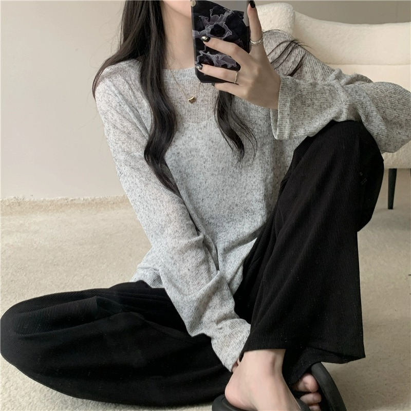 New round neck slimming blouse thin long sleeve knitted sun protection shirt women's T-shirt top