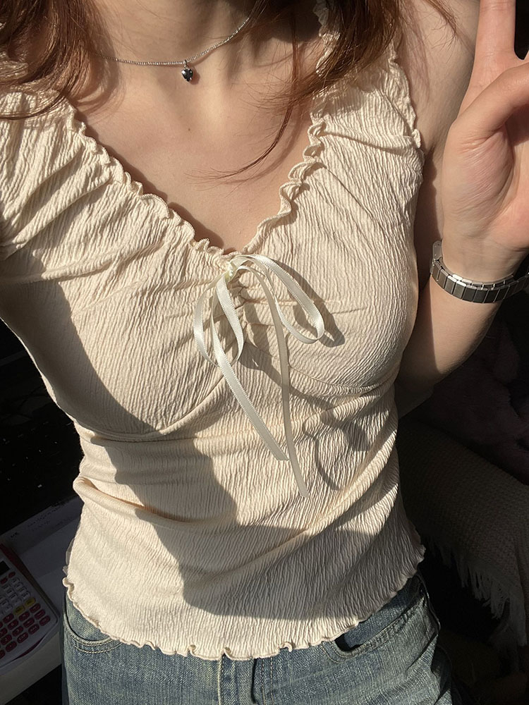 設計感夏季新款褶皺木耳邊吊帶打底背心女外穿性感修身內搭上衣潮