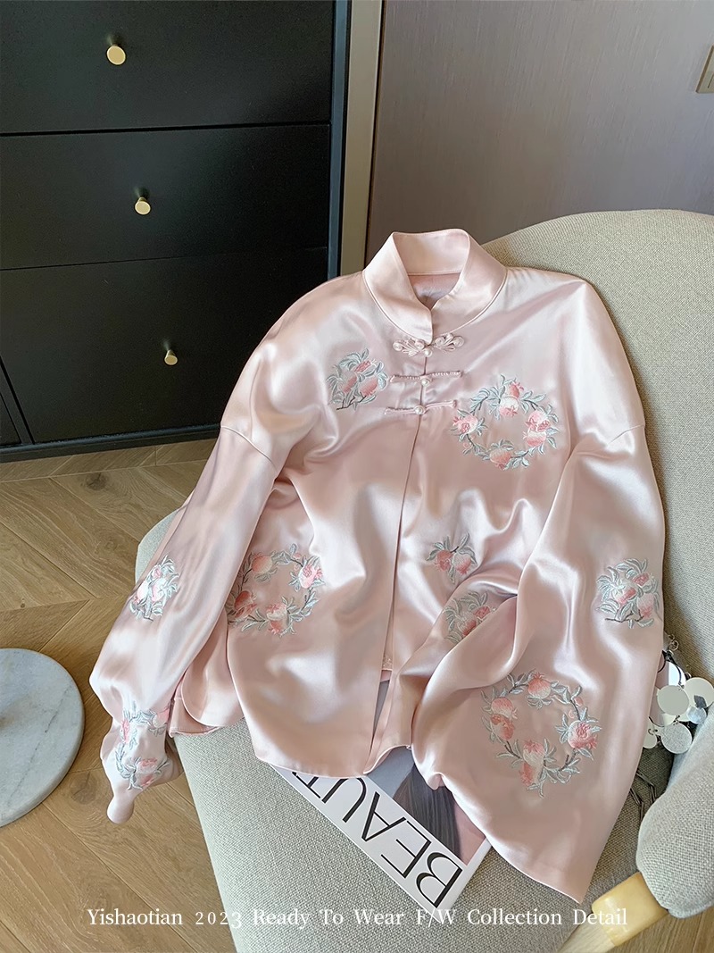 新中式粉色醋酸刺繡立領盤扣襯衫女秋冬國風名媛輕薄上衣外套