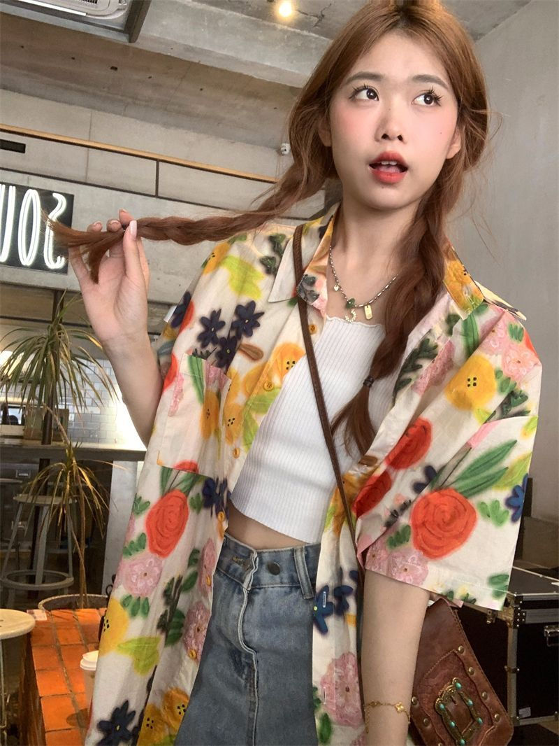 2024夏裝甜美泰蘭德度假風花花襯衫短袖襯衣碎花可愛上衣潮