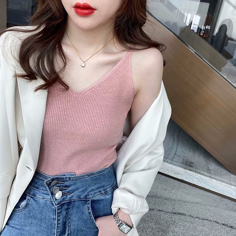 v領針織吊帶女夏季外穿打底背心設計感小眾性感西服內搭修身上衣