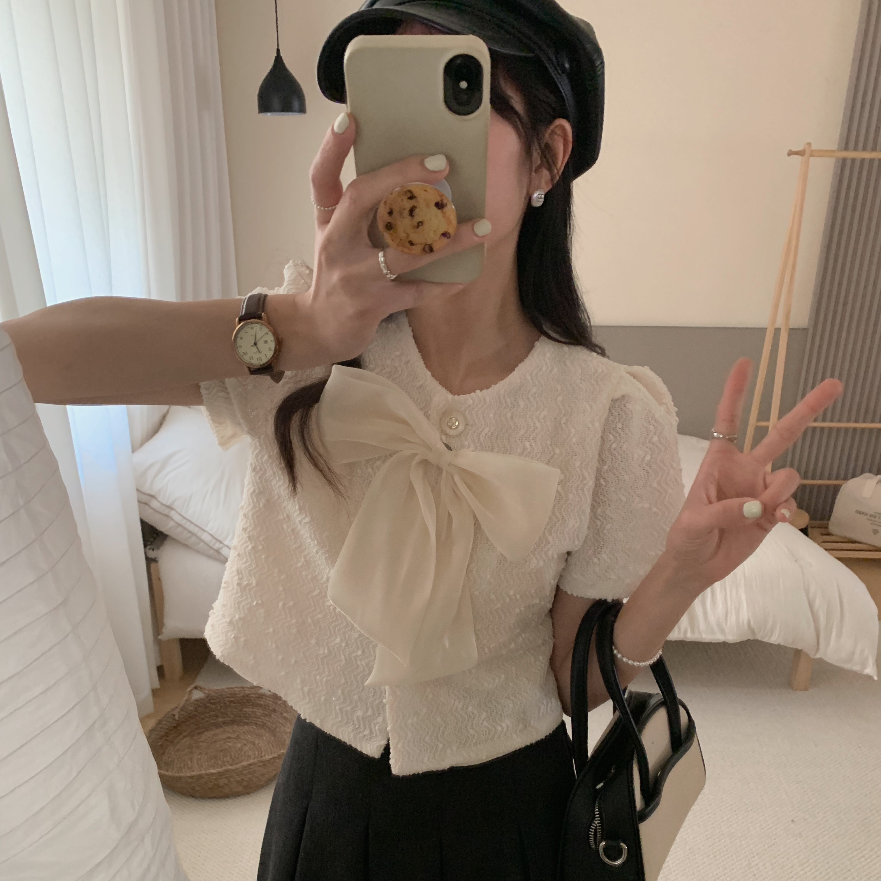 實拍  #簡約  小香風  可卸 蝴蝶結  甜美 上衣