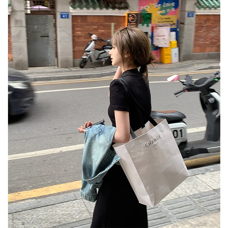 富貴rich夏日來信小個子黑色連衣裙半高領短袖裙子