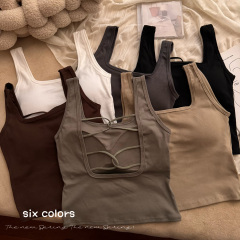 實拍~純色鏤空美背吊帶背心性感美背設計固定杯顯瘦上衣女