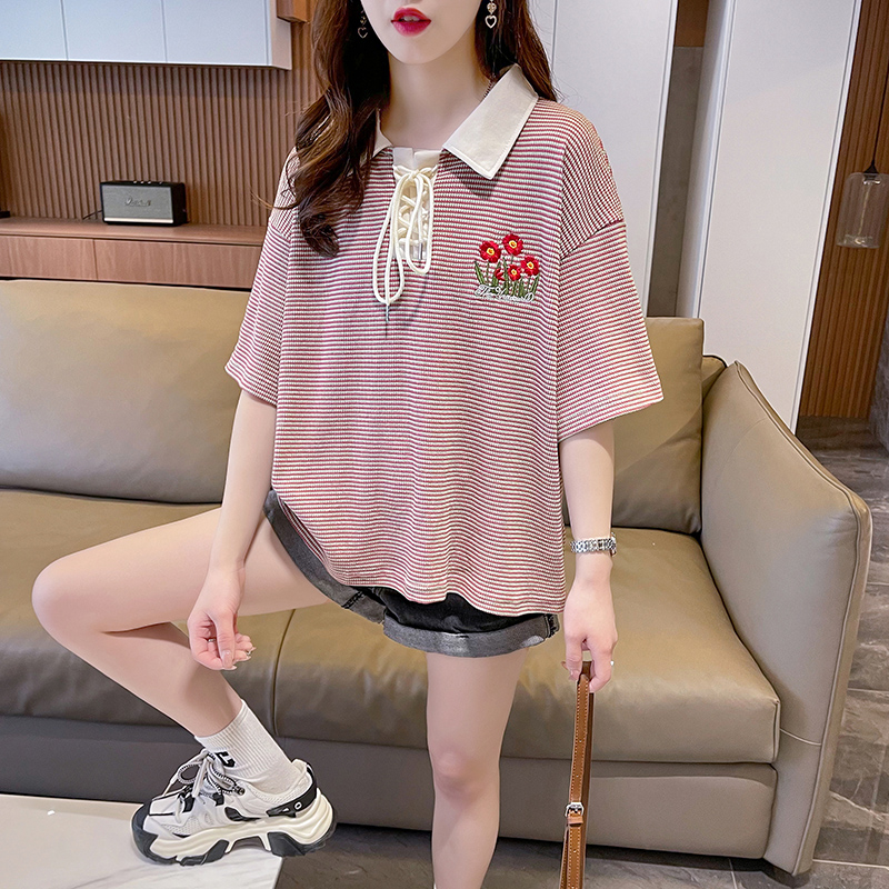 實拍2024夏季韓版寬鬆後包領220克華夫格條紋T恤上衣女
