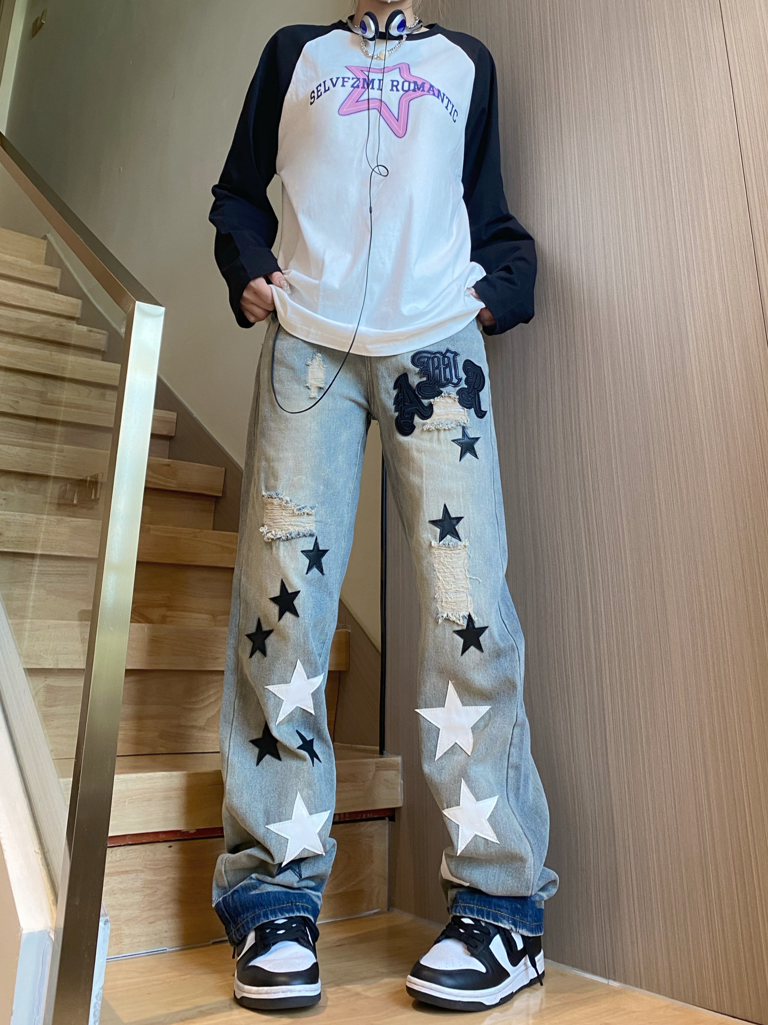 實拍刺繡PU皮五角星牛仔美式街頭修身小直筒破洞高街長褲