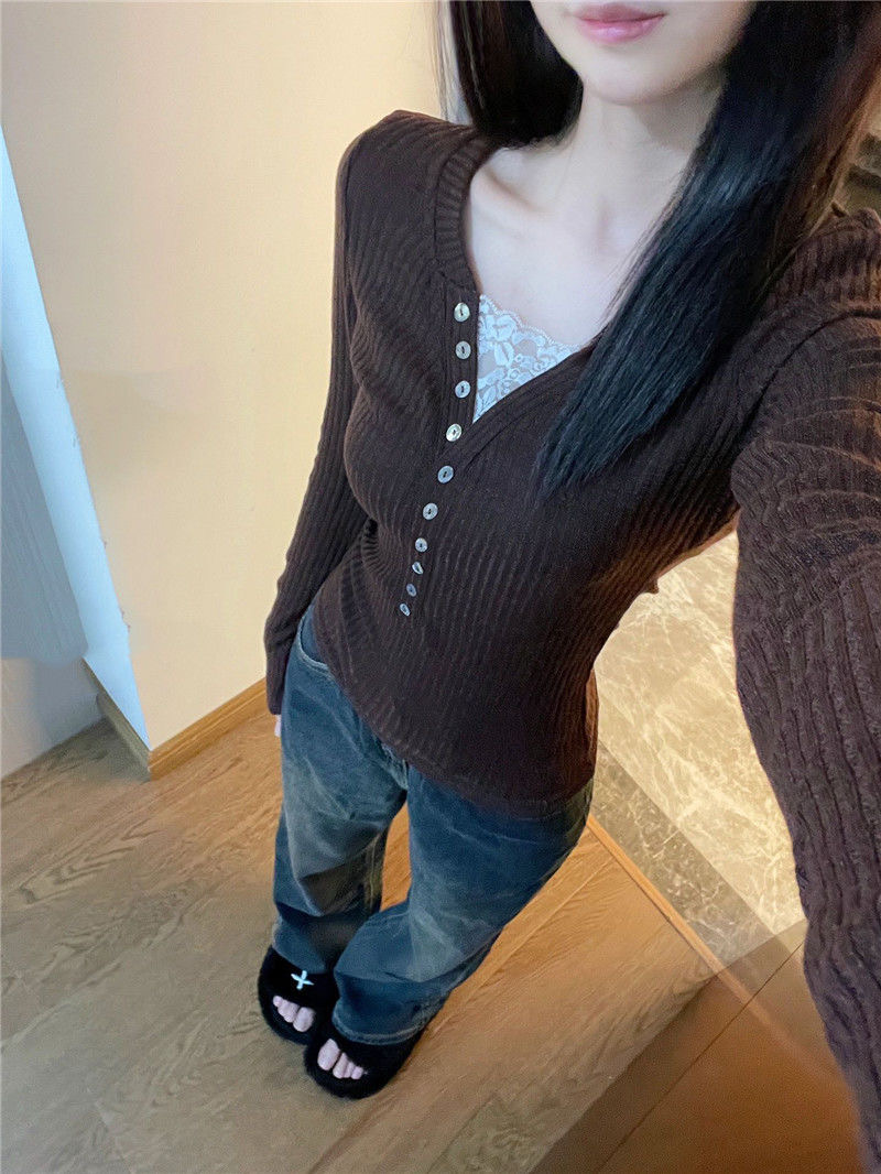 v領蕾絲打底衫內搭女秋冬修身長袖t恤收腰設計感假兩件別致小上衣