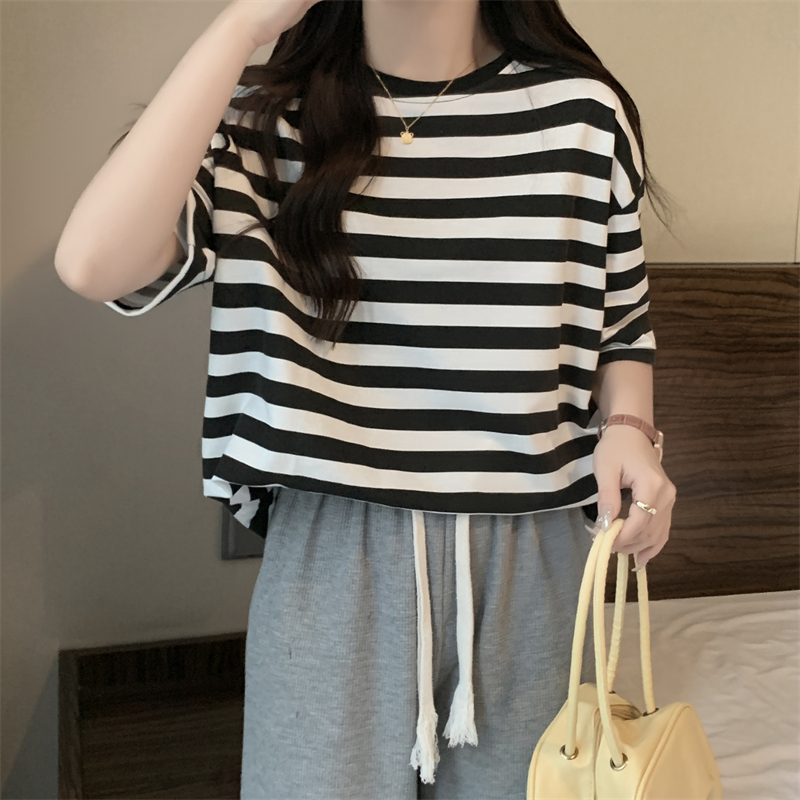 實拍   6535棉魚鱗 夏裝條紋短袖t恤女oversize