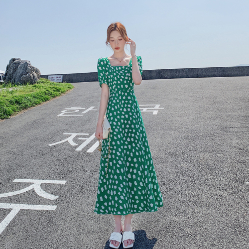 Pastoral style green floral dress women's summer plus size fat mm waist slimming puff sleeve short sleeve long skirt new style