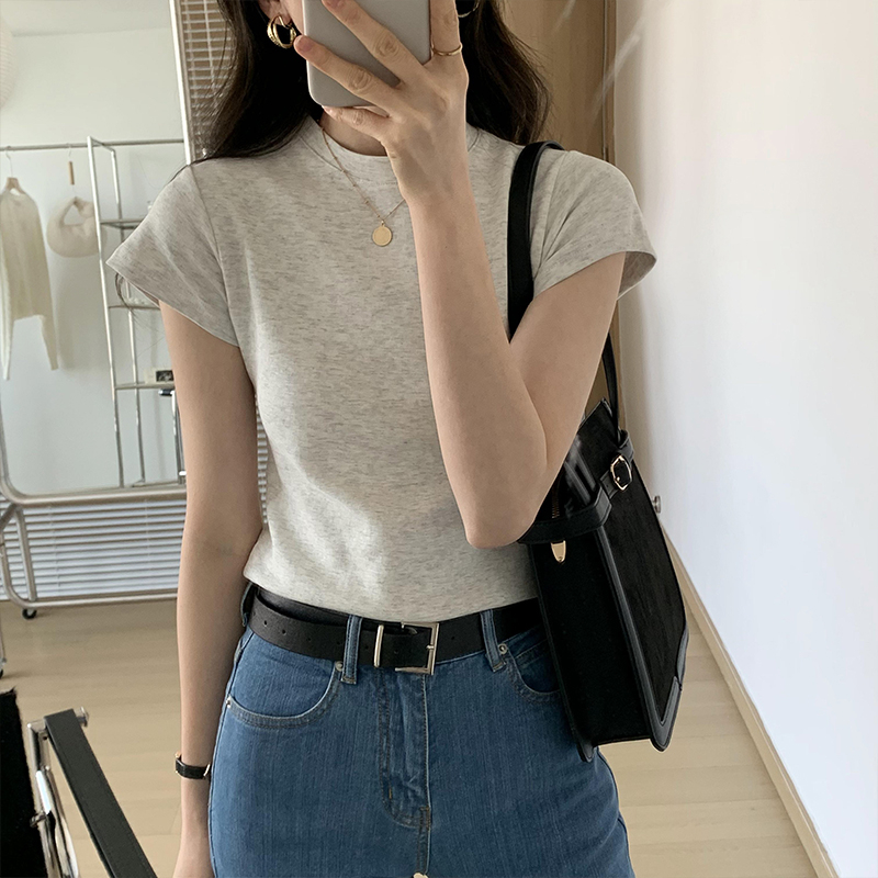 純棉正肩短袖t恤女ins潮牌辣妹圓領疊穿打底衫體恤修身顯瘦上衣服