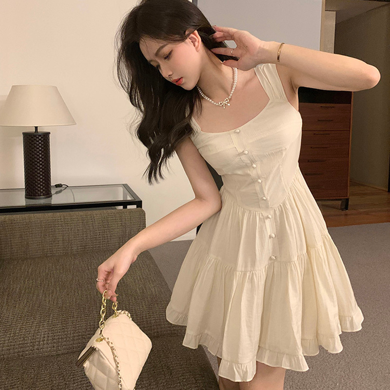 夏季白月光氣質甜美溫柔風吊帶連衣裙女修身顯瘦純色裙子