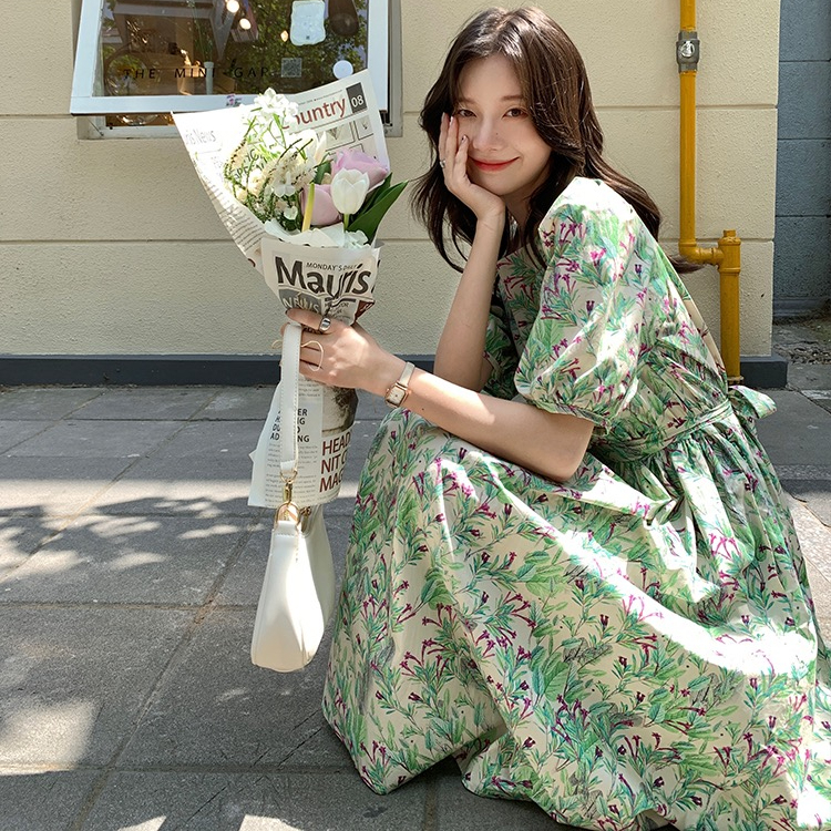 韓版新款女高腰長款連衣裙女夏小清新碎花方領短袖裙收腰