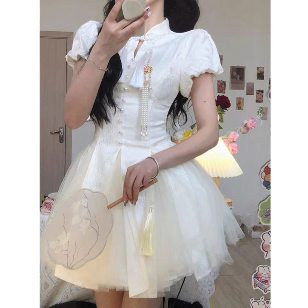 新中式改良旗袍流蘇連衣裙子女春夏高級感超仙網紗絕美蓬蓬公主裙