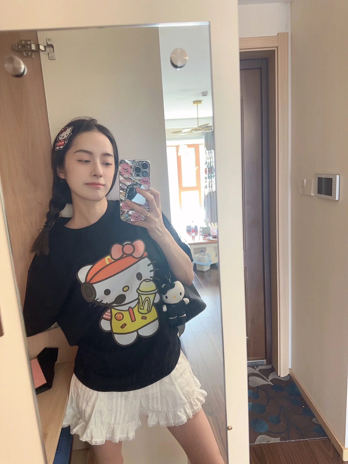 日系重磅純棉漢堡凱蒂貓短袖T恤女可愛女裝寬鬆百搭上衣學院風ins