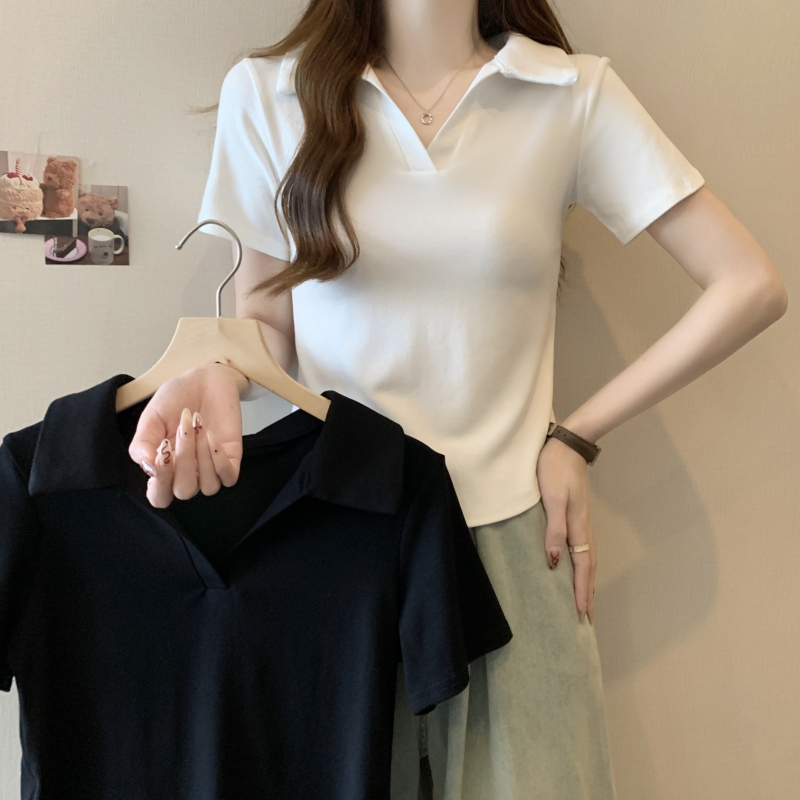 實拍  40支純棉 2024夏裝polo領短袖T恤女純色上衣