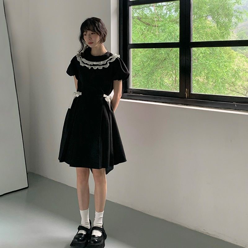 夏季連衣裙女收腰顯瘦森系娃娃裙小個子甜美可愛蝴蝶結黑色A字裙
