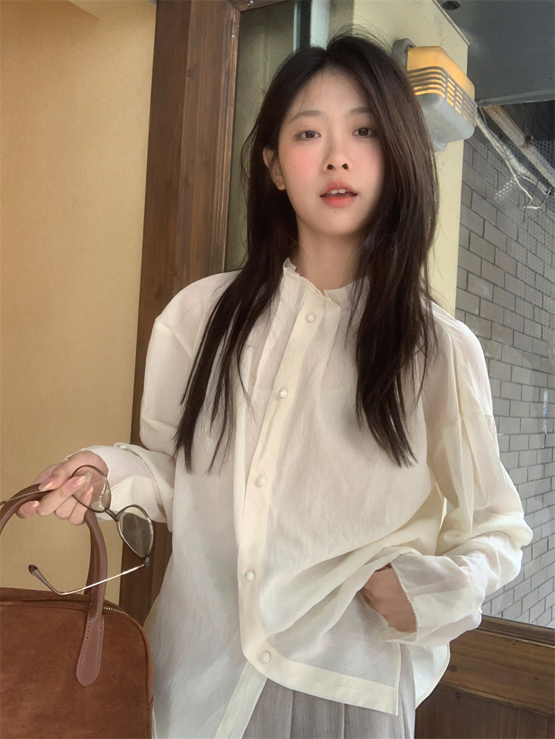 實拍 春季新款溫柔減齡設計感花邊壓褶立領襯衫寬鬆內搭上衣