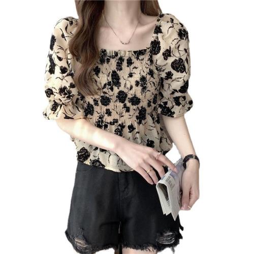 Casual chiffon shirt T-shirt floral dark new Korean style French square collar high-end waist slimming short-sleeved top