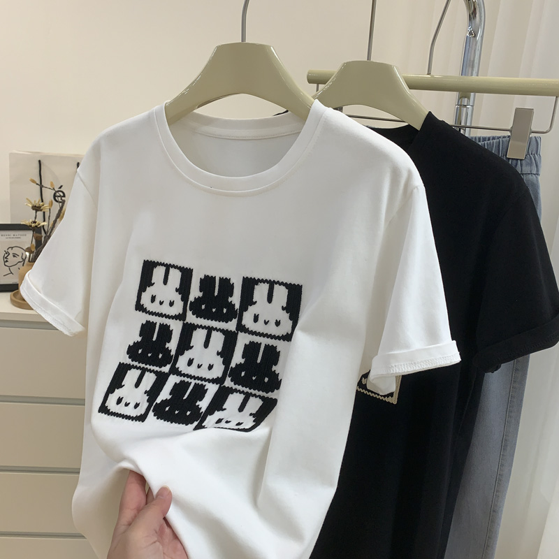 撞色九宮格兔子刺繡內搭T恤女春季寬鬆減齡百搭圓領套頭短袖上衣