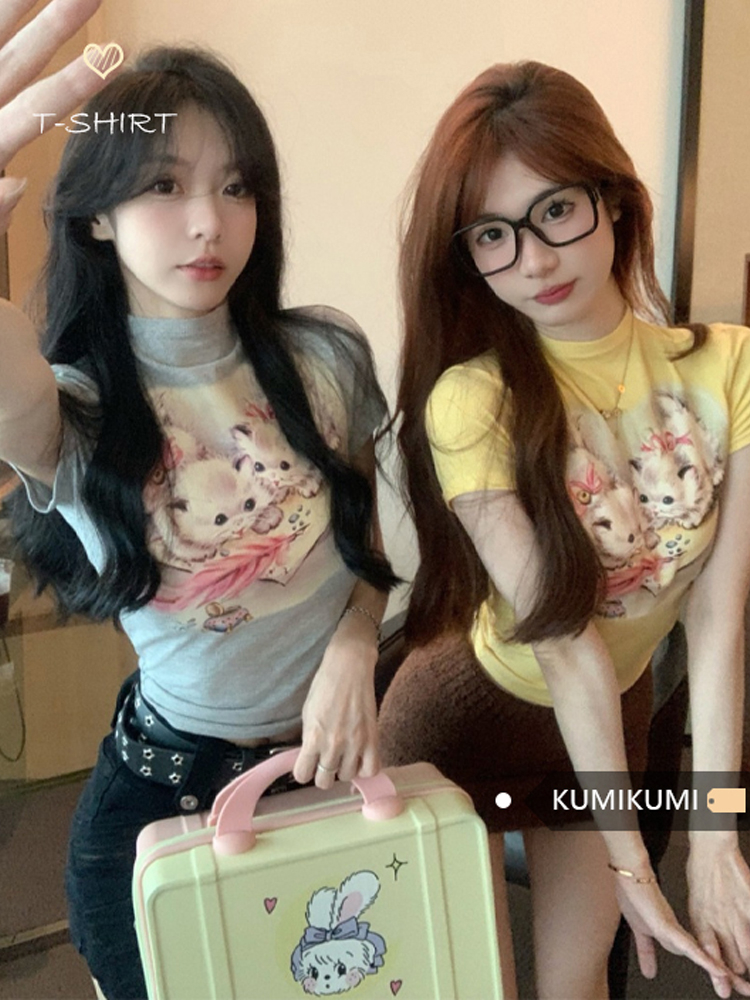Pure Desire Sweet Girl Cat Print High Collar Right Shoulder Short Sleeve T-Shirt Women's Summer Slim Short Yellow Right Shoulder Top