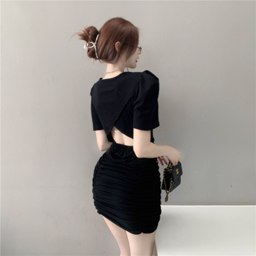 黑色短袖连衣裙女年夏季新款设计感镂空气质高腰显瘦包臀短裙
