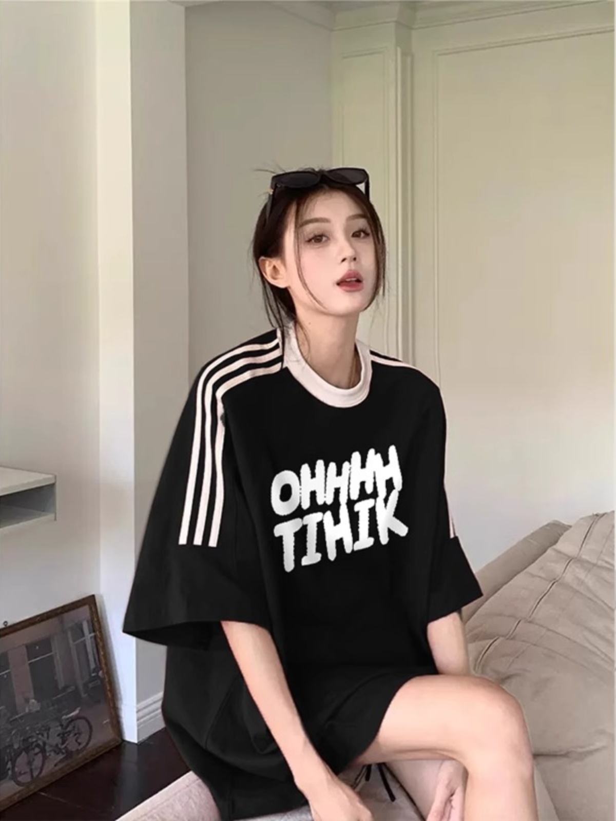 220克100%棉三條槓 2024年新款夏裝短袖T恤女