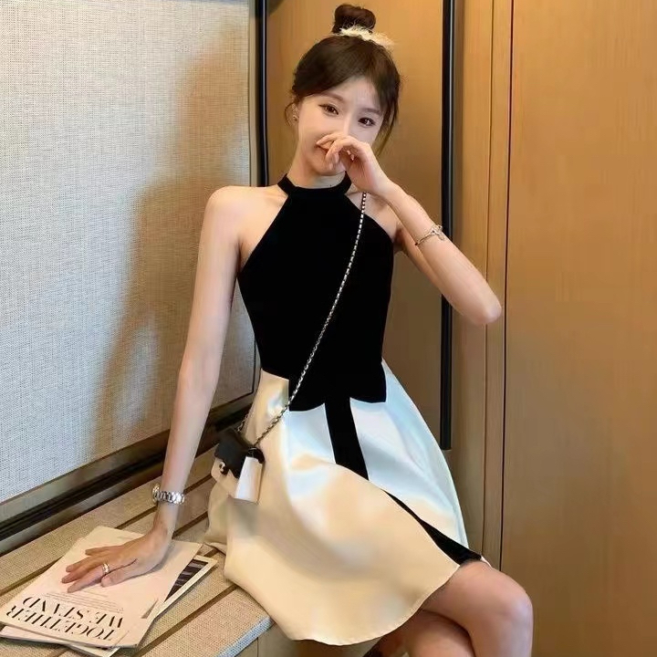 小個子女生甜美拼接撞色連衣裙2024夏季新款蝴蝶結高腰氣質a字裙