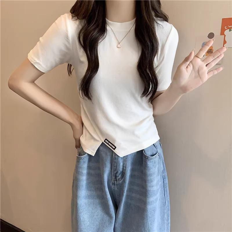 實拍6535棉羅紋彈力短袖T恤女短款半袖閨上衣